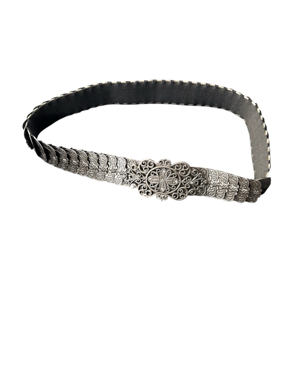 Vintage Art Deco Style Silver Tone Metal Filigree Slinky Stretch Belt